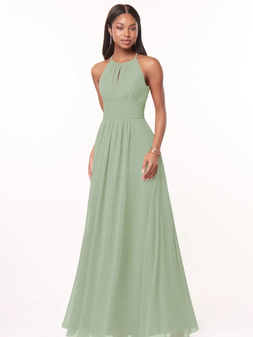 Azazie Bonnie Dusty Sage A-Line Keyhole Ruched Chiffon Dress - SizeA18 (Altered)